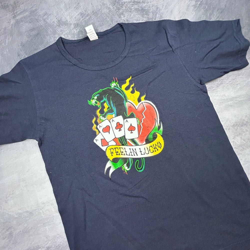 Vintage Anvil Feelin Lucky Panther Tattoo Graphic Tee Navy Blue Small Y2K - Picture 2 of 6
